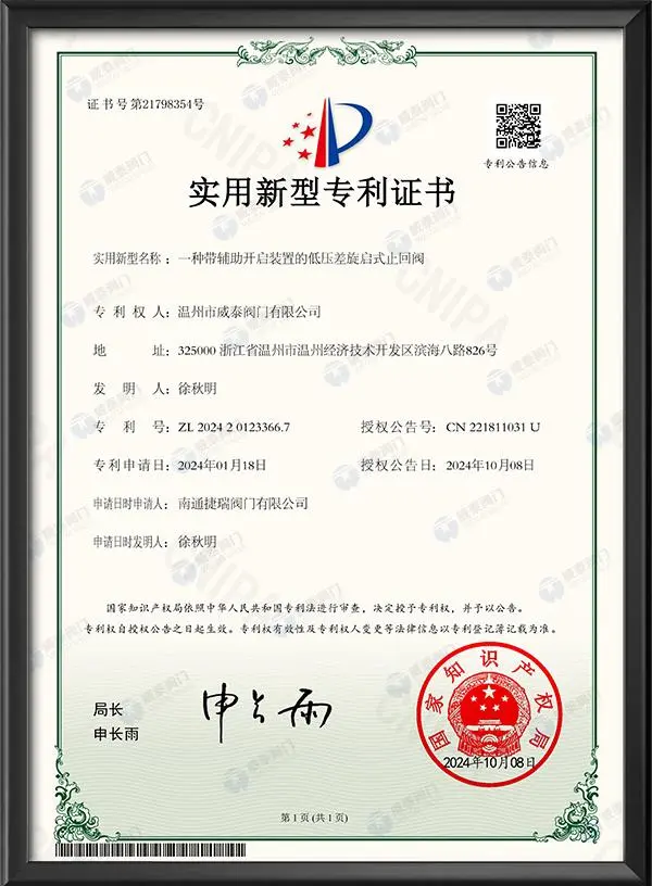 实用新型专利证书-一种带辅助开启装置的低压差旋启式止回阀