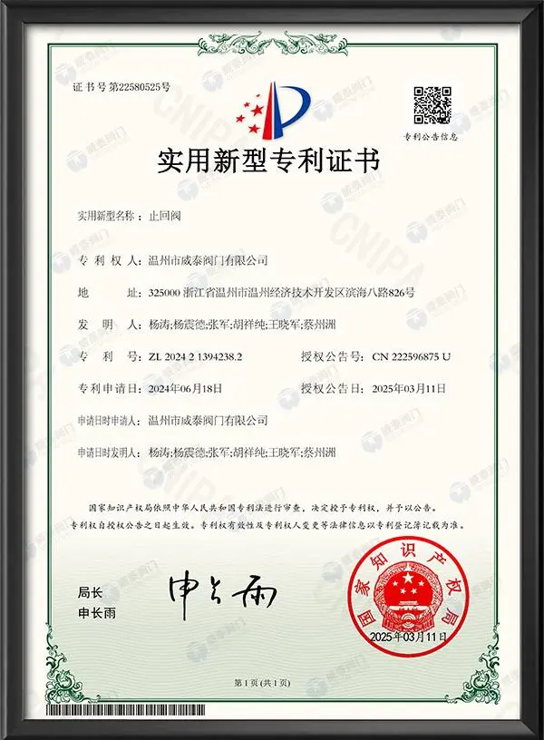 实用新型专利证书-止回阀