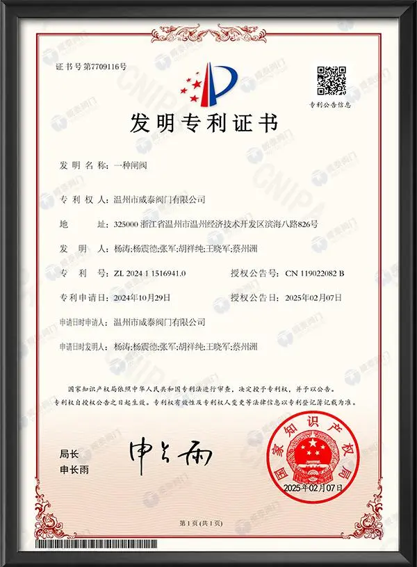 发明专利证书-一种闸阀