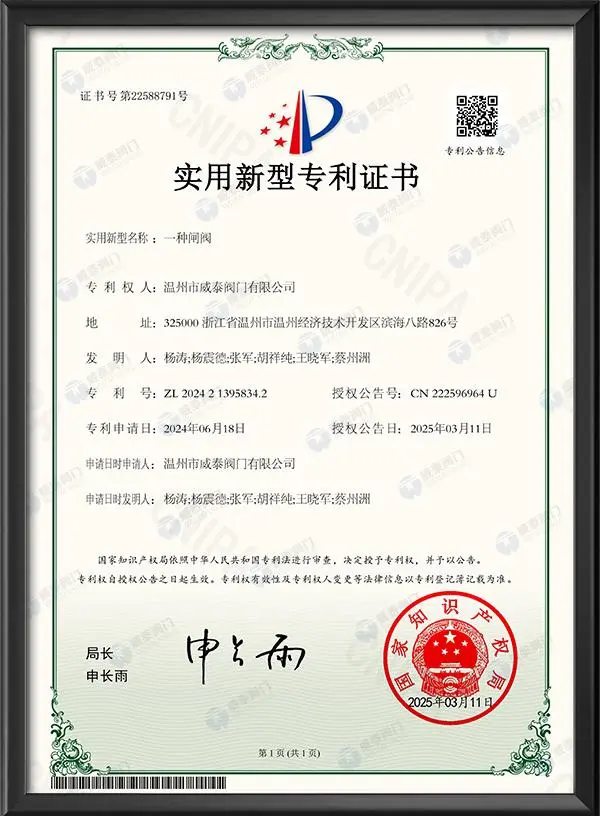 实用新型专利证书-一种闸阀